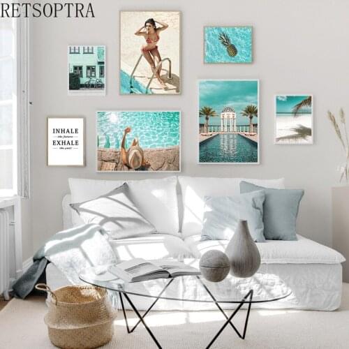 Nordic modern beach seascape decorative painting wall decor frameless beauty women print poster hotel decor summer pool