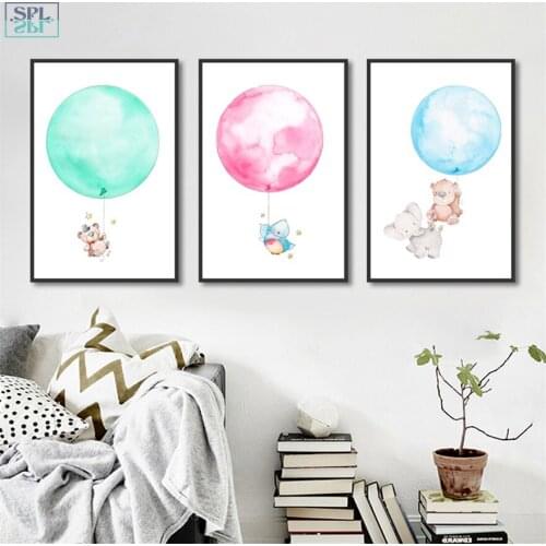 SPLSPL Nordic Decoration Oil Painting Cartoon Animal Balloon Posters and Prints Wall Pictures for Living Room Baby Room Decor