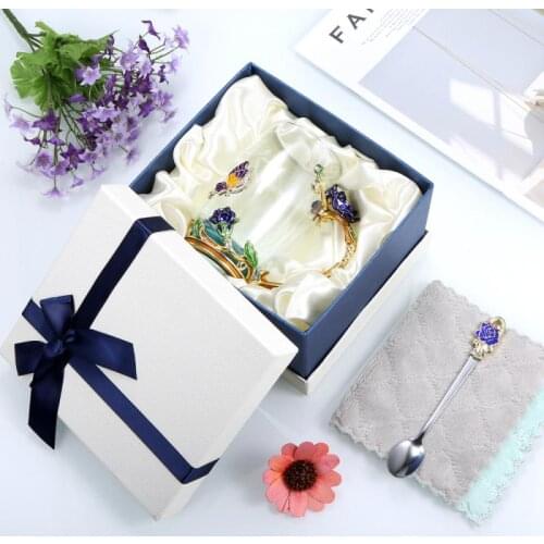 Flower Glass Coffee Mugs Mothers Day Gift Enamel Craft Tea Cup Beer Mug Milk Cup Drink Mug With Spoon&Cleaning Cloth&Gift Box