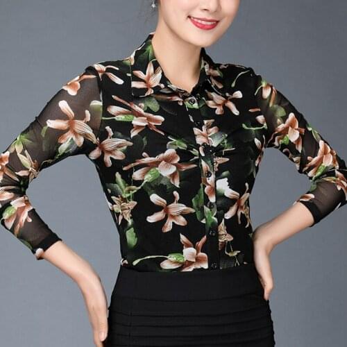 Spring Fall Fashion Office Ladies Womens Long Sleeve Stretch Floral Print Mesh Tops And Blouses , Top Blouse Shirt For Women