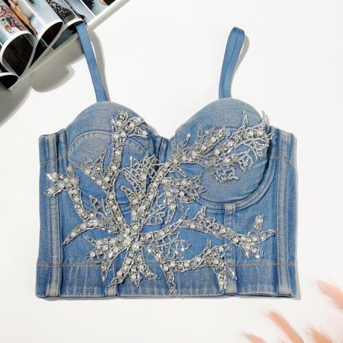 Women Denim Luxury Beading Camisole Gathered Bustier Bra Backless Sexy Super Short Tops Street Fashion Hot Girl Tank Tops Y1341