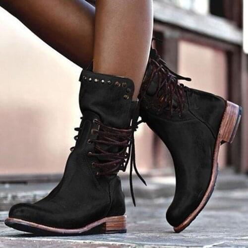 2021 Women Leather Mid Calf Boots Retro Punk Rivet Lace Up Motorcycle Boots Autumn Winter Back Zipper Short Martin Boot