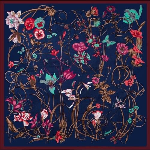 POBING 100% Silk Scarf Women Large Shawls Floral Print Stoles Square Bandana Luxury Melt Kerchief Scarf Female Foulards 130CM