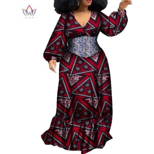 2021 New BintaRealWax African Clothes for Women African Dress Long Sleeves V-neck Print Wax Dress Wedding Party WY8957
