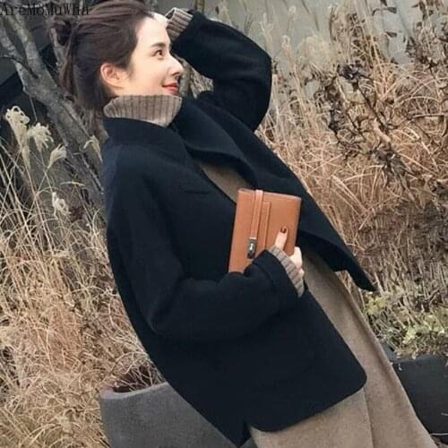 AreMoMuWha Woolen Coat New Female Thickening Plus Cotton Winter Japanese Black Woolen Coat Short Woolen Coat Ladies Coats MH502