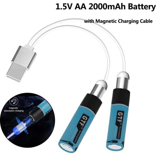GTF 100% NEW AA 1.5V Battery 1.5V 2000mAh 2A Rechargeable Lithium Battery for Toys Camera Flashlight with LED Magnetic USB Cable