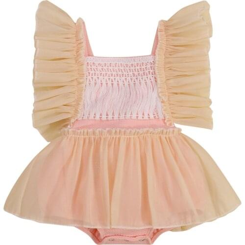 2021 0-24M Summer Infant Baby Girl Romper Mesh Ruffle Short Sleeve Tassel Square Collar Bow Back Playsuit Jumpsuit Outfit