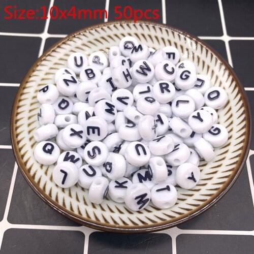50pcs 10x4mm Mixed Letter Acrylic Beads Round Flat Alphabet Digital Cube Loose Spacer Beads For Jewelry Making Bracelet #14