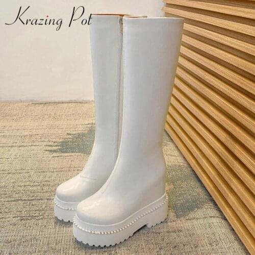 Krazing Pot big size riding boots split leather increasing waterproof round toe thick high heel zipper soft knee-high boots L27
