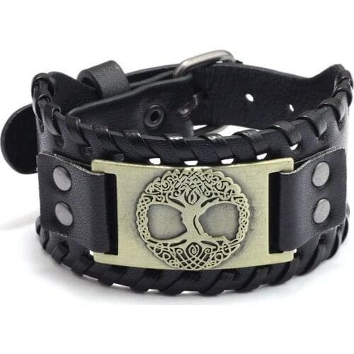 2021 Punk Style Alloy life Tree Accessories Cuff Bangle Braided Leather Bracelet Wide Wristband Mens Wealth Prosperity Jewelry