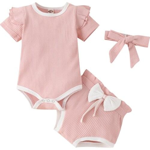Summer 0-24 Months Baby Girls Ribbed Clothes Set Short Sleeve O-Neck Cotton Romper With Ruffles+Shorts+Bow-Knot Headband