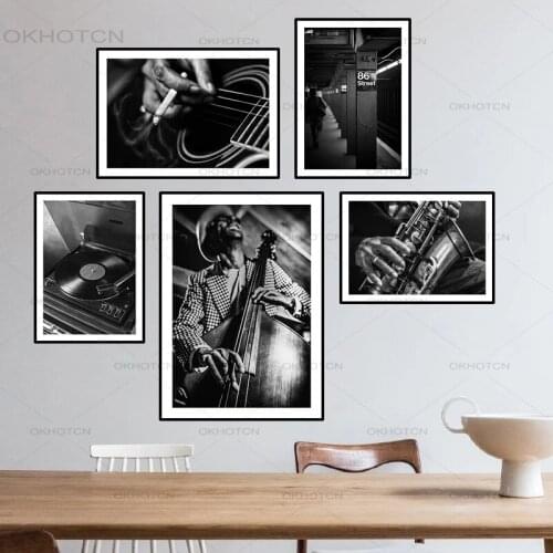 Nordic Wall Art Poster Print Guitar Jazz Music Portrait Canvas Painting Decor Black and White Wall Art Picture for Living Room