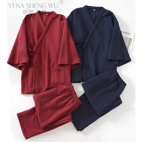 News Japanese Mens Kimono Yukata Pajamas Set Air Layer Thickening Trousers Home Service Two-piece Suit Yukata Pijama Robe Suit