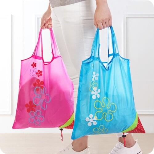 Portable Flower Printed Storage Bag Large Capacity Reusable Nylon Handbag Strawberry Foldable Outdoor Shopping Bags