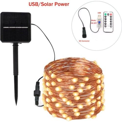 Christmas Fairy LED String Light USB Solar Power with Remote Garland Lamp Copper Wire Warm White Wedding Party Xmas Decor 12/22m