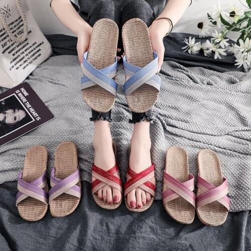 Summer Indoor Slides For Women Fashion Cross-tied Design Family House Slippers Comfortable Flax Bedroom Female Soft Slipper New