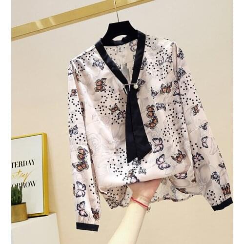 2021 Autumn New Retro Fashion Temperament Blouse Female V-neck Long-sleeved Thin Lace-up Blusa Butterfly Print Shirt DK1377