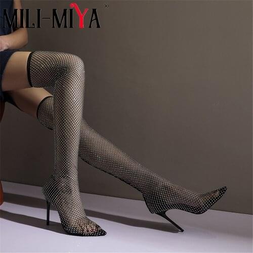 MILI-MIYA Sexy Women Boots Mesh&Crystal Nightclub Essentials Celebrities With The Same Paragraph Super High Thin Heels Size 46