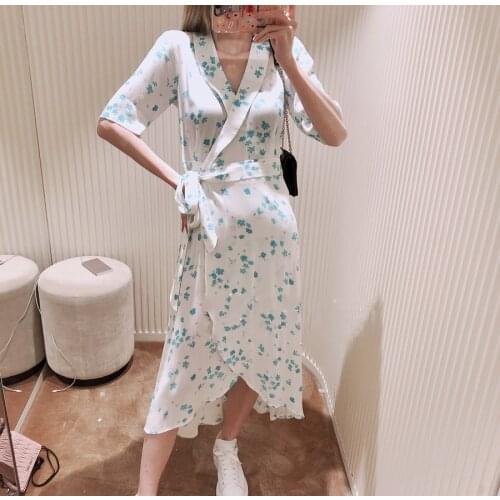 Women Dress 2021 Summer Fresh Mint Blue Small Broken Flower Crepe Wrap Body Slimming Tea Break Mid-length Dress