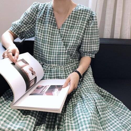 Sherhure New 2020 Summer V-Neck Loose Short Sleeve Small Plaid Women Vintage Long Dress With Lining Vestidos