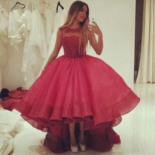 African Evening Dresses Organza Tiered Asymmetrical Sleeveless Ball Gown Burgundy Red Formal Prom Party vestido de fiesta