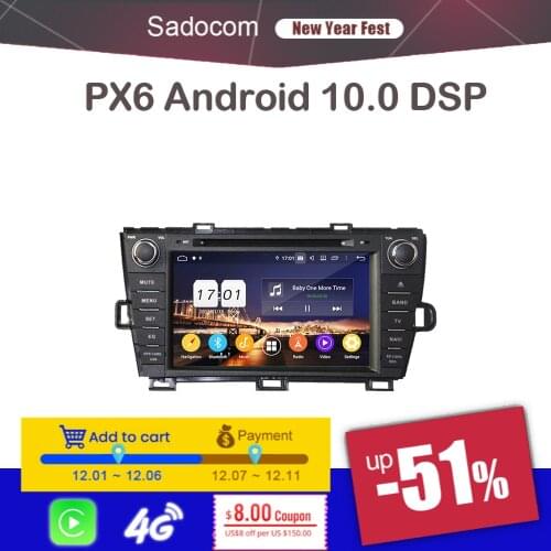 720P PX6 PX5 DSP 8" Android 10.0 Car DVD Player 4GB RAM 64G ROM 8 core left right car radio autoradio For Toyota PRIUS 2009-2013