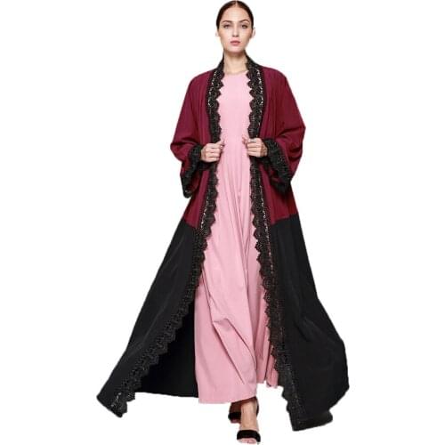 BianFeng Womens Ramadan Kaftan Muslim Fashion Abaya Lace Stitched Hijab Dress Long Sleeve Solid Gown Islamic Cardigan Skirt