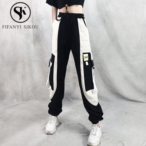 High waist Cargo Pants Women Streetwear Fashion Big Pocket Patchwork Harem Pants Casual Joggers Womens Loose Long Trousers 2020