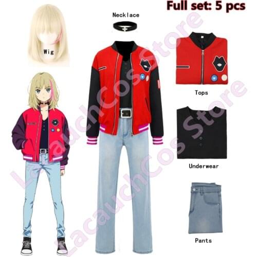 Cosplay Costume Anime WONDER EGG PRIORITY Kawai Rika Uniform Suit Fashion Red Jacket Jeans Tops Wig