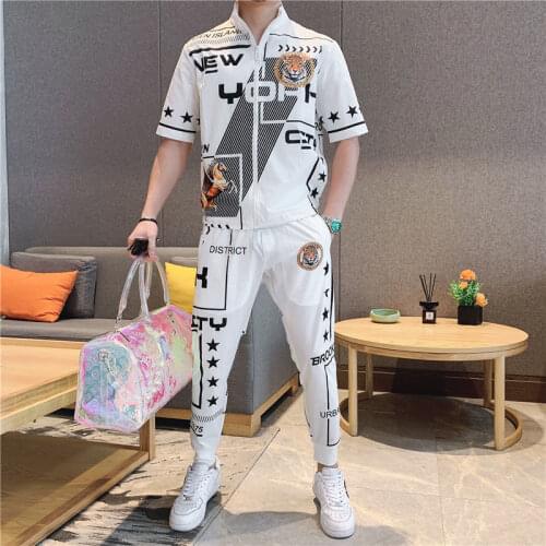 Ice silk suit mens 2021 summer new Korean fashion sports leisure summer clothes mens set