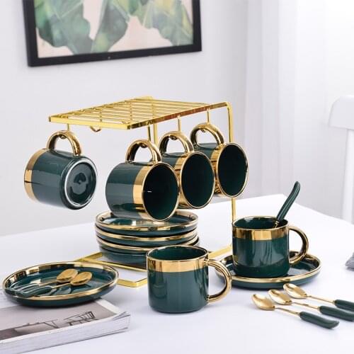 European luxury ceramic coffee cup set 6 pieces with dish spoon gift box set mug milk tea coffee green drink 600ml