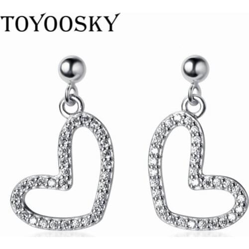 Real 925 Stamp Sterling Silver Hollow Heart Shape Drop Earrings With CZ Crystal Women Contracted Jewelry
