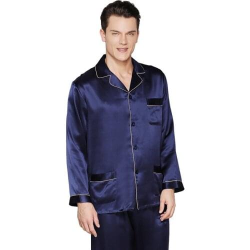 22MM Real 100% Men Silk Pajamas Set Sleepwear Spring Summer Winter Noble Blue Color Solid Thicken 100% Silk Pajamas Men