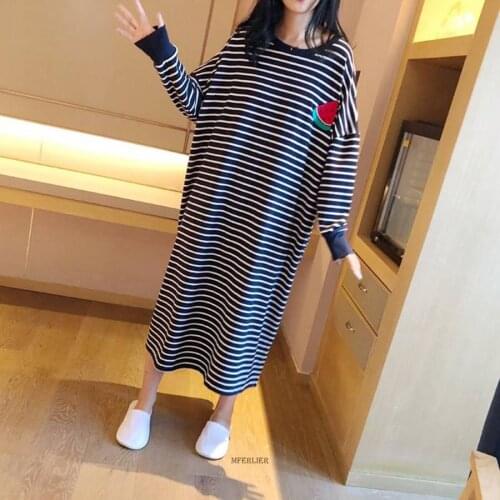 Size 5XL 120KG Women Long Dress Long Sleeve Stripped Ladies Sleepdress Autumn Female Loose Maxi Dress Homewear