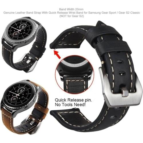 20mm Genuine Leather Band Strap With Quick Release for Samsung Gear Sport /Garmin vivoactive 3/ Music/ TicWatch2/E WristBand