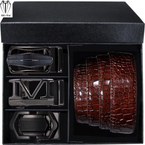 Luxury Boxed Mens Belts Set Red Maroon Crocodile Pattern Leather Strap Automatic Buckles Waist Belt for Men Dad Son Husband Gift