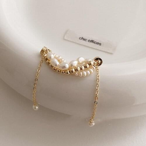 Korean Fashion Gold Magnetic Earcuff Faux Piercing Pearl Fake Earrings Tassel Chain Pearls Beaded Clip on Earrings for Women