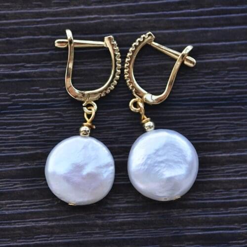 Z10521 15mm White Coin Freshwater Pearl Dangle Earring CZ