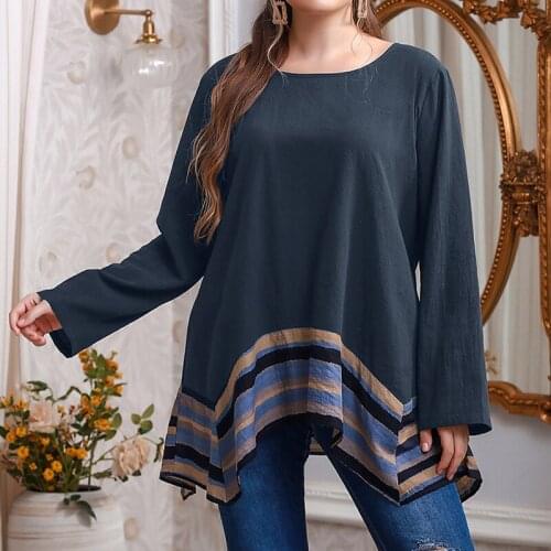 2021 Autumn Blouse Long Sleeve Women Striped Print Patchwork Casual Blouse Plus Size 5XL Loose Long Irregular Ladies Tunic Tops