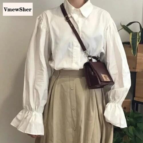 VmewSher New Spring Autumn Women Shirt Long Puffy Sleeve Female Sweet Turn Down Collar White Blouse Loose All Match Basic Tops