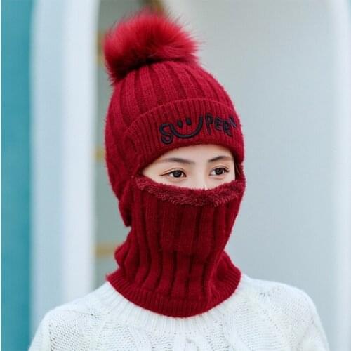 Women Winter Knit Beanie Balaclava Hat Letters Embroidery Faux Fleece Lined Zipper Face Mask Neck Warmer Pompom Hood Cap