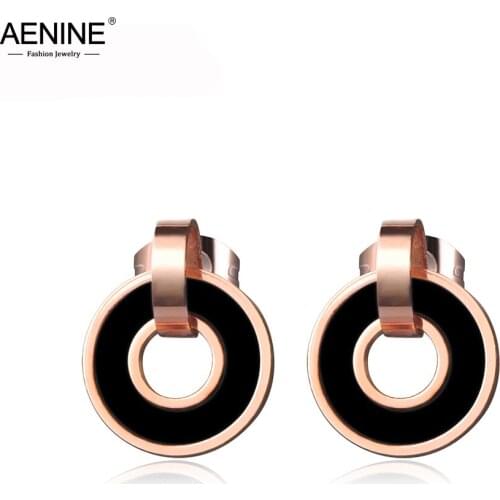 AENINE Classic Black/Pink Shell Double Circle Earrings Rose Gold Stainless Steel Wedding Earrings Jewelry For Women AE17024