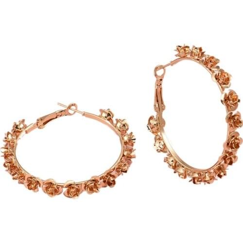 1 Pair Fashion Gold Rose Flower Circle Earrings for Women Vintage Round Hoop Earrings Party Jewelry Gifts