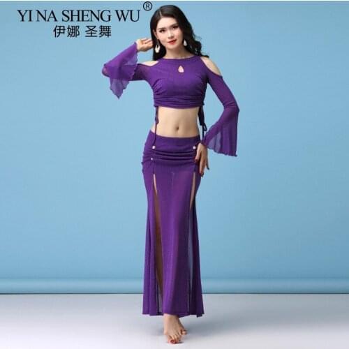 New Belly Dance Clothes Sexy Long Sleeve Top+Long Dress 2pcs Belly Dance Set For Women Bellydance Adult Female Stage Costumes