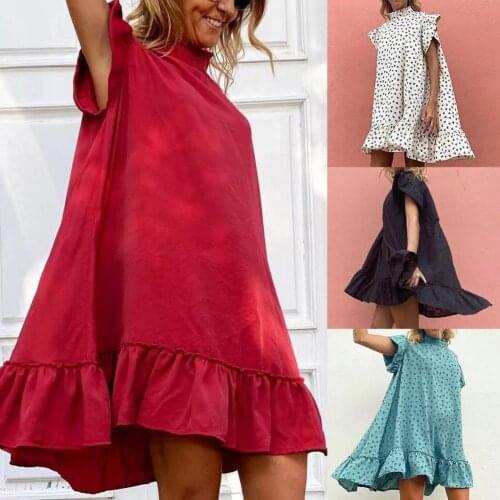 2021Womens Summer Fashion Mini Dress Short Sleeve Turtleneck Print Ruffle Hem Loose Female Beach Holiday Dress Casual Sundress