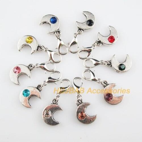 10 New Moon 11x15.5mm Charms Mixed Round Crystal Tibetan Silver Tone Retro With Lobster Claw Clasps