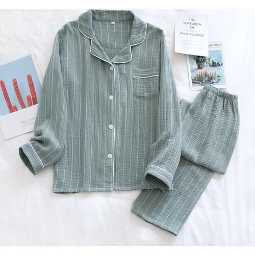 100% Cotton Gauze Couple Pajamas Light Crepe Long Sleeve Trousers Pajama Set Striped Lapel Lounge Wear 2 Piece Spring Sleepwear