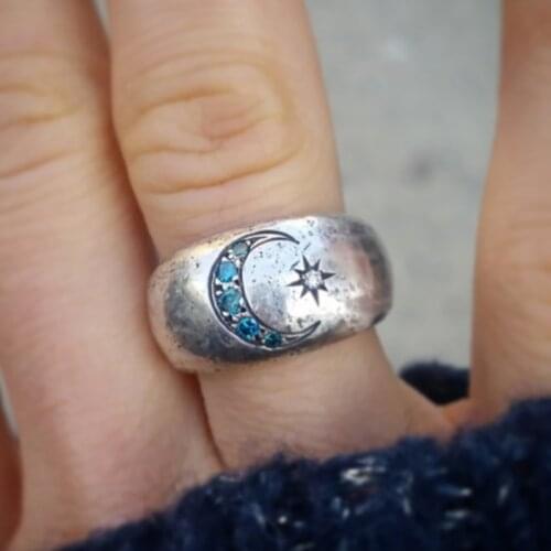 2021 Vintage Moon Star Pattern Rings For Women Jewelry Accessories Silver-Color Fashion Blue/White Crystal Zircon Rings