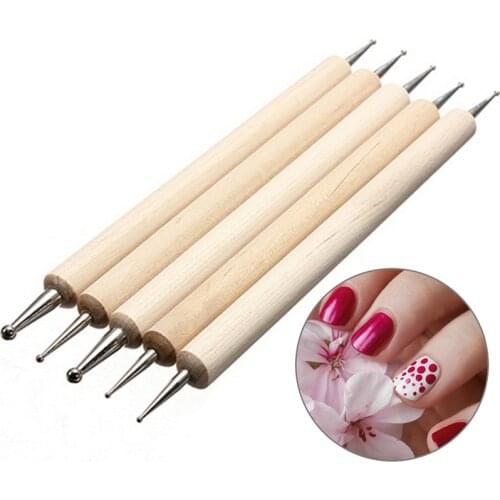 5PCS Dual Heads Wooden Dotting Pen Marbleizing Tool Nail Art Dot Dotting Tools for Nail Art Design Manicure Rhinestone Picker