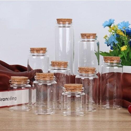 8pcs 50/60/90/100/120/150/200/240/260ml Big Transparent Cork Stopper Glass Bottles Jar Vials Caddy Storage Jars Container